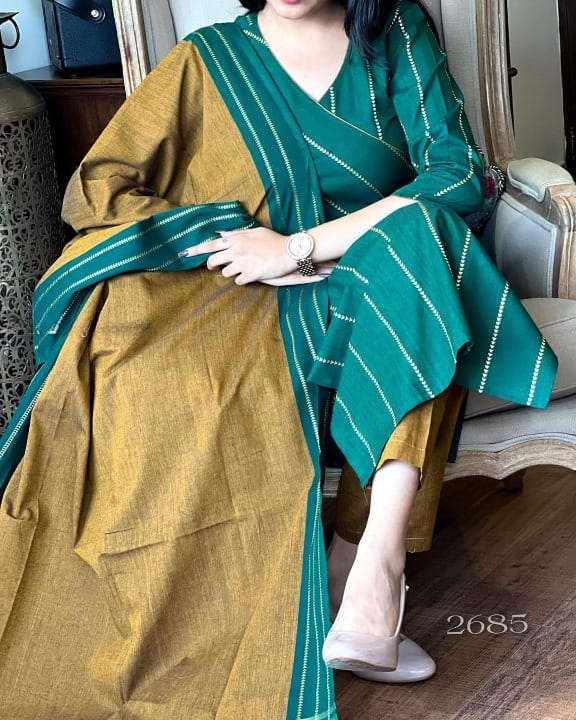 Women Green South Handloom Cotton Kurta Pant and Dupatta set