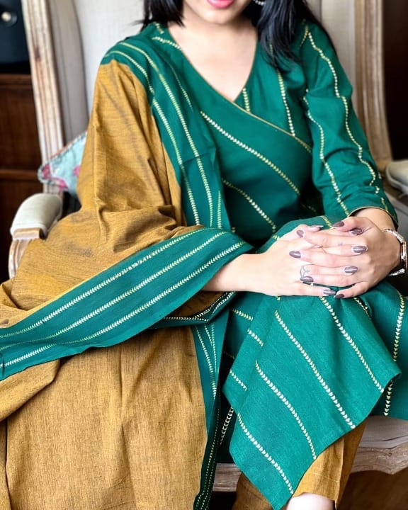 Women Green South Handloom Cotton Kurta Pant and Dupatta set