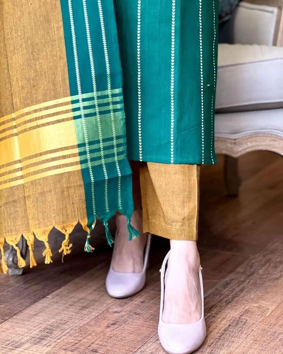 Women Green South Handloom Cotton Kurta Pant and Dupatta set
