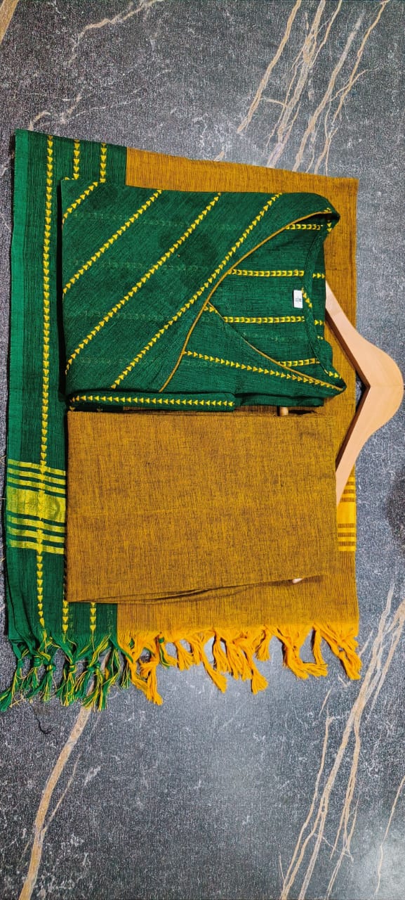 Women Green South Handloom Cotton Kurta Pant and Dupatta set