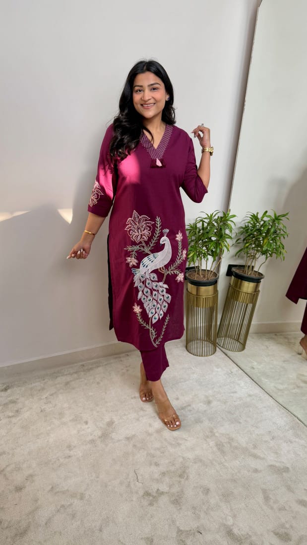 Women Trending Maroon Cotton Embroidery Kurta and Pant set