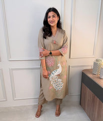 Women Trending Chiku Cotton Embroidery Kurta and Pant set