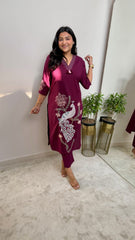 Women Trending Maroon Cotton Embroidery Kurta and Pant set