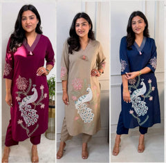 Women Trending Chiku Cotton Embroidery Kurta and Pant set
