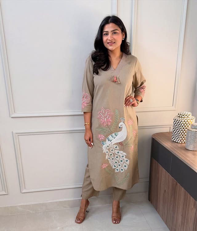 Women Trending Chiku Cotton Embroidery Kurta and Pant set