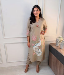 Women Trending Chiku Cotton Embroidery Kurta and Pant set