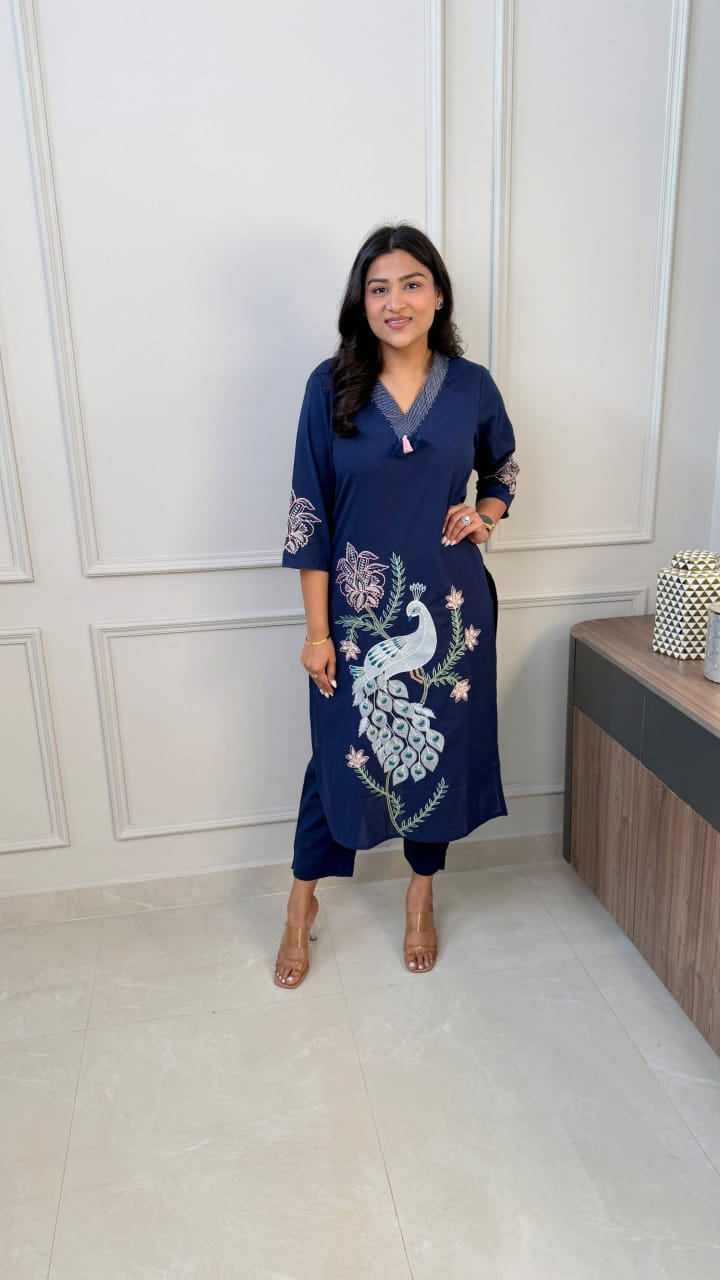 Women Trending Blue Cotton Embroidery Kurta and Pant set