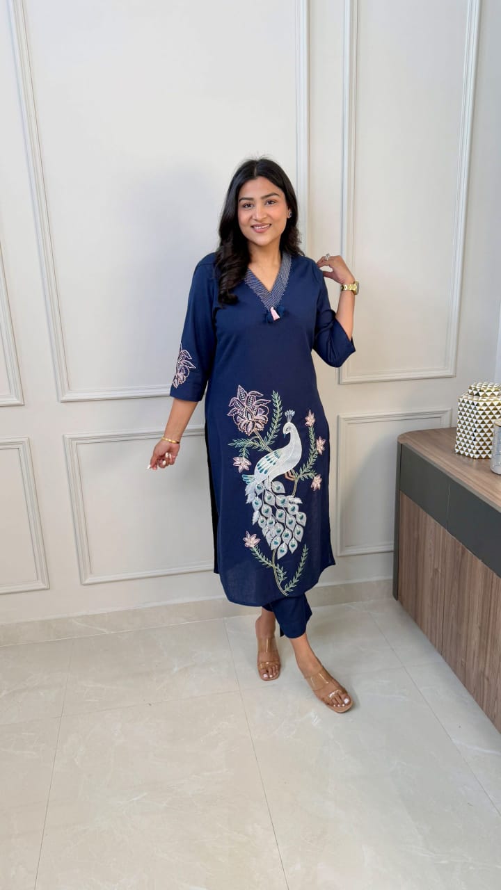 Women Trending Blue Cotton Embroidery Kurta and Pant set
