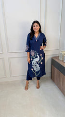 Women Trending Blue Cotton Embroidery Kurta and Pant set