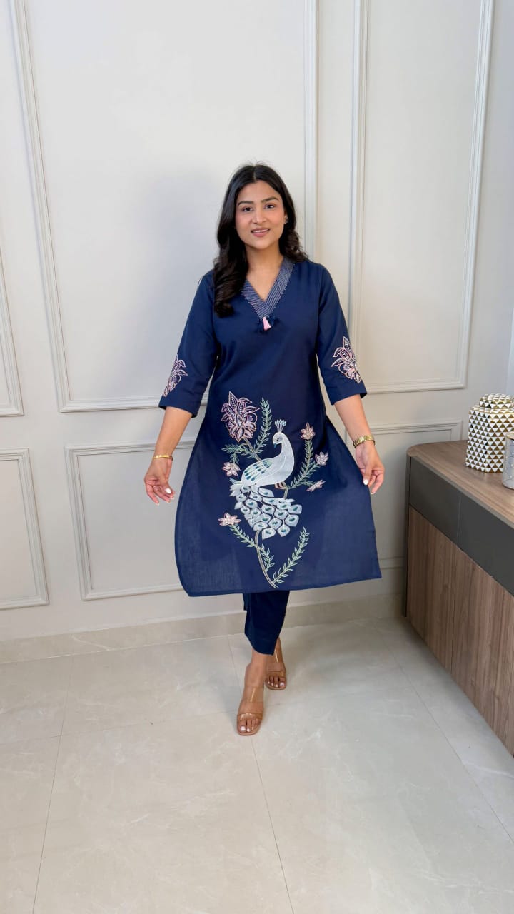 Women Trending Blue Cotton Embroidery Kurta and Pant set