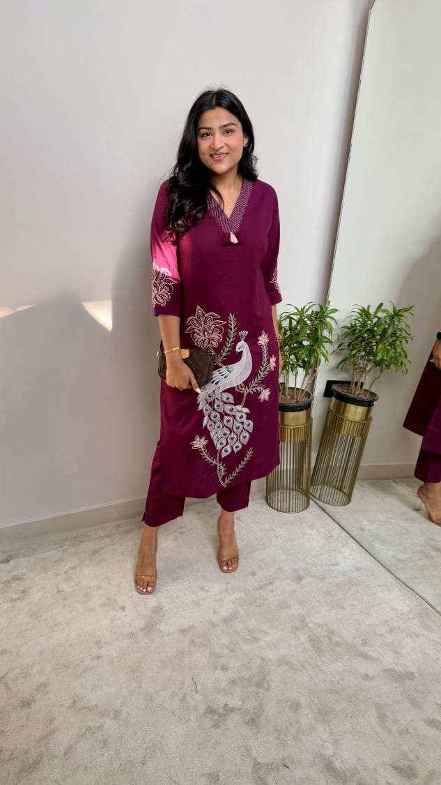 Women Trending Maroon Cotton Embroidery Kurta and Pant set