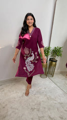 Women Trending Maroon Cotton Embroidery Kurta and Pant set