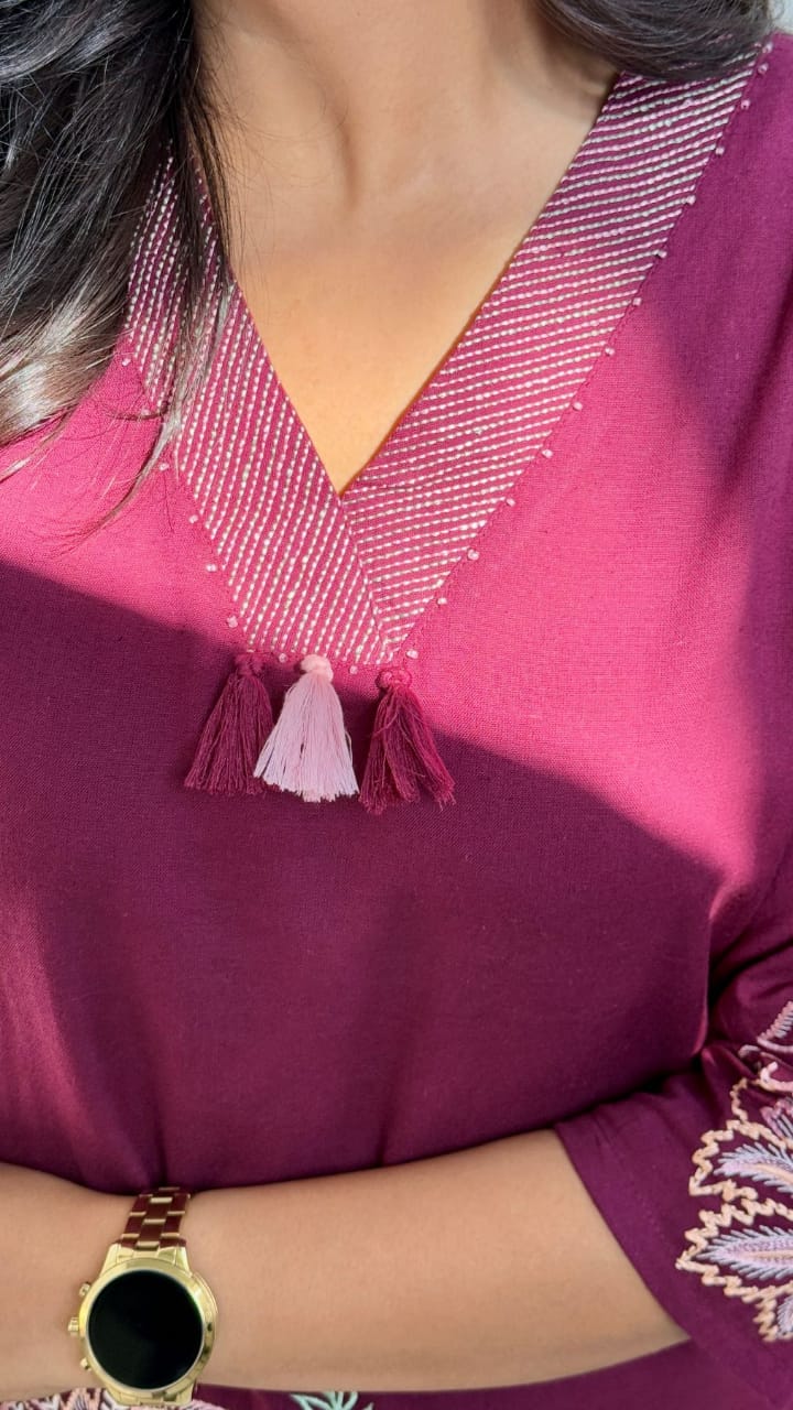 Women Trending Maroon Cotton Embroidery Kurta and Pant set