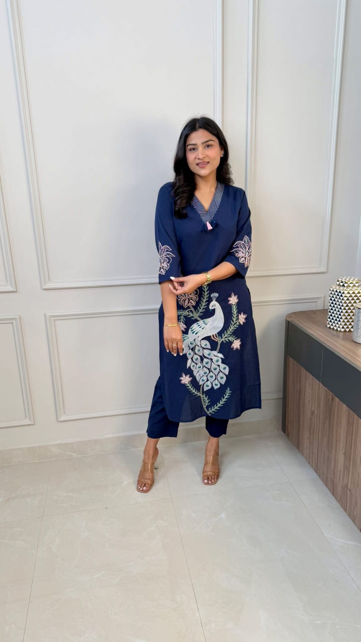 Women Trending Blue Cotton Embroidery Kurta and Pant set