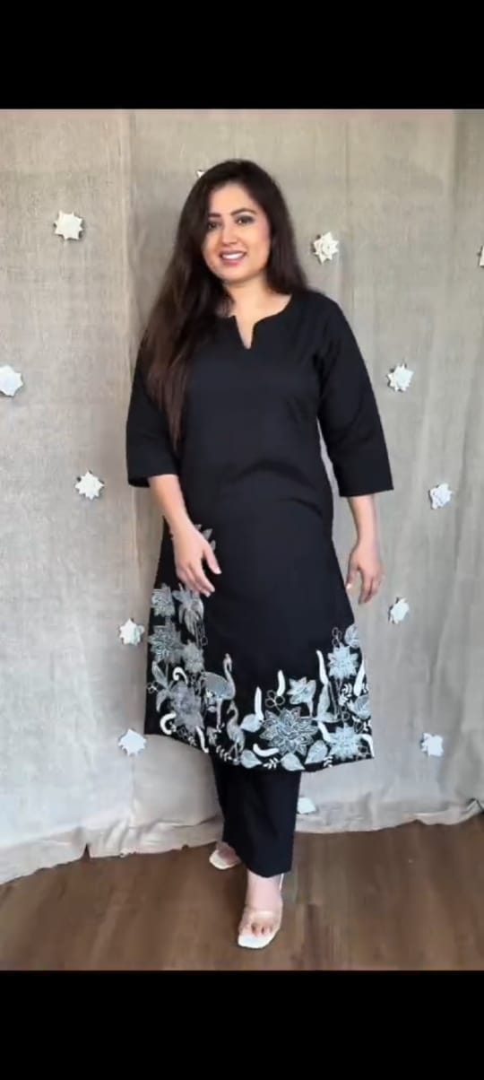 Women Blue Cotton Embroidery Kurta Pant set