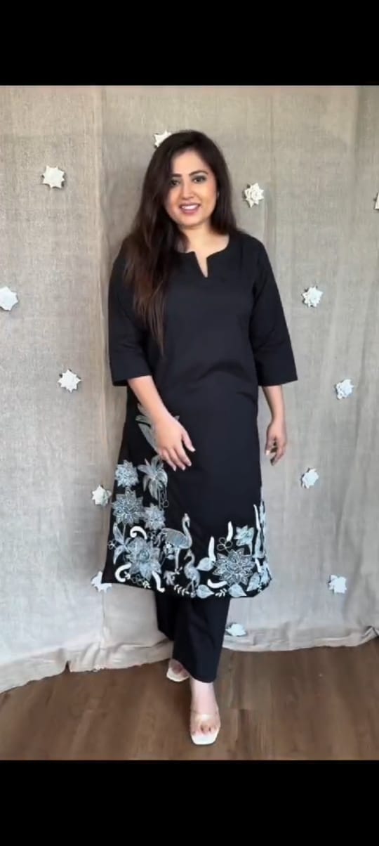 Women Blue Cotton Embroidery Kurta Pant set