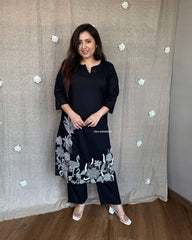 Women Blue Cotton Embroidery Kurta Pant set
