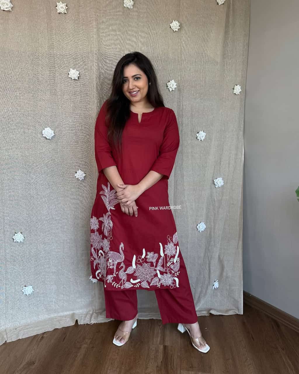 Women Red Cotton Embroidery Kurta Pant set