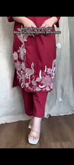 Women Red Cotton Embroidery Kurta Pant set