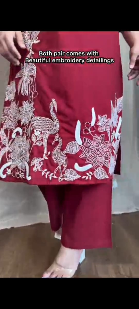 Women Red Cotton Embroidery Kurta Pant set