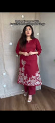 Women Red Cotton Embroidery Kurta Pant set