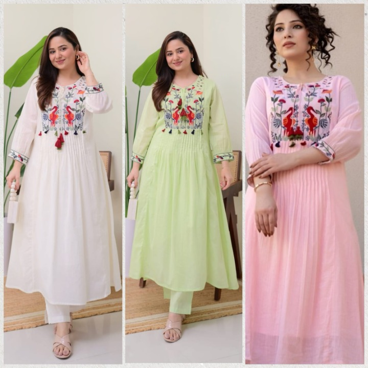 Women Green Cotton Embroidery Kurta Pant set