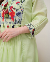 Women Green Cotton Embroidery Kurta Pant set