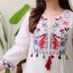 Women White Cotton Embroidery Kurta Pant set
