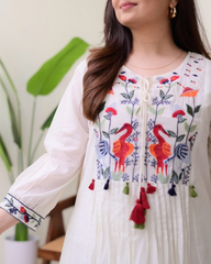 Women White Cotton Embroidery Kurta Pant set