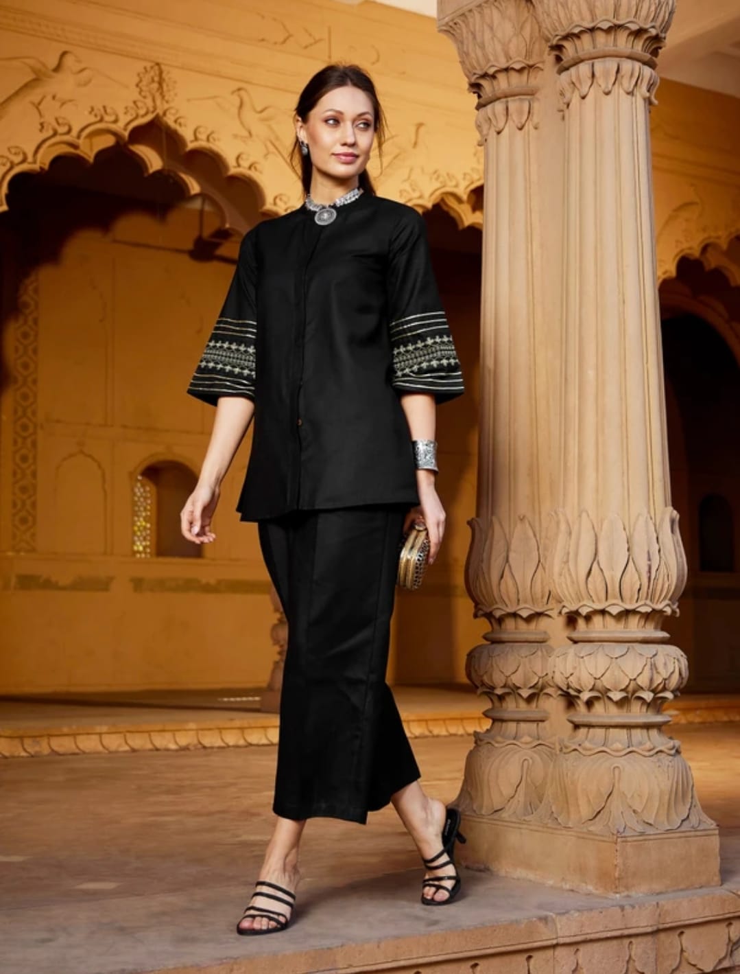 Women Black Cotton Kurta Pant set