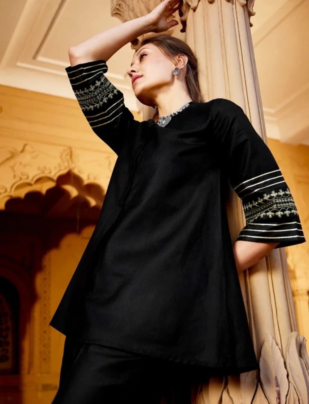 Women Black Cotton Kurta Pant set