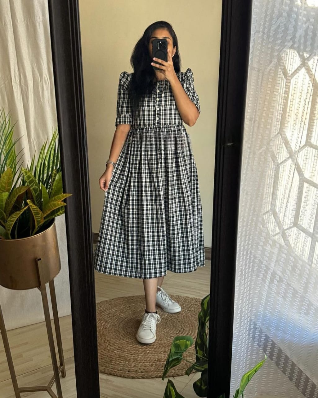 Women White Cotton Checks Middi Gown
