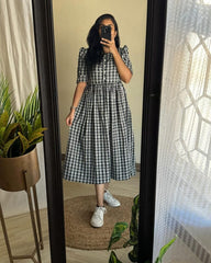 Women White Cotton Checks Middi Gown