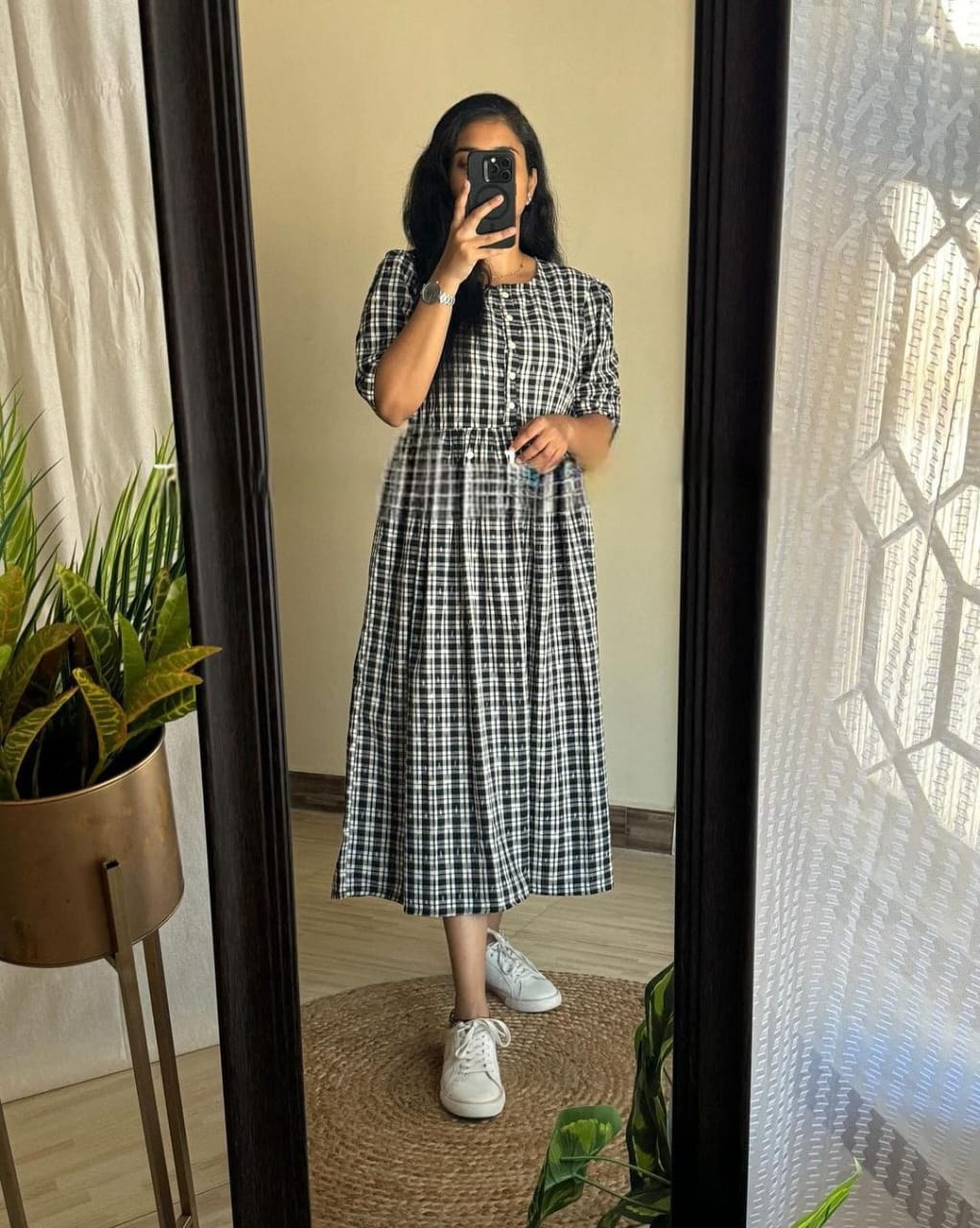 Women White Cotton Checks Middi Gown
