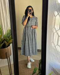 Women White Cotton Checks Middi Gown
