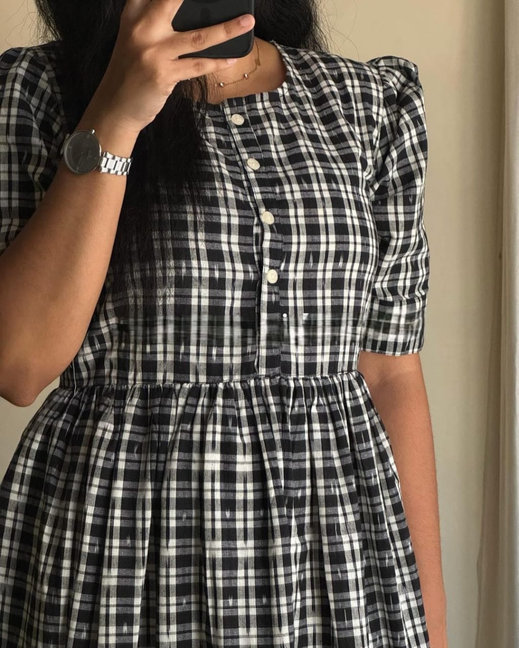 Women White Cotton Checks Middi Gown