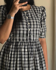Women White Cotton Checks Middi Gown