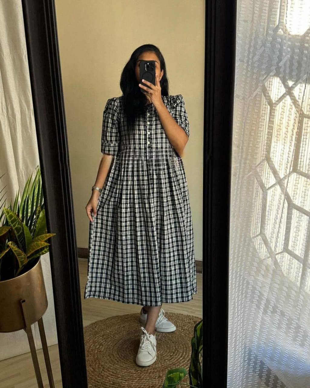 Women White Cotton Checks Middi Gown