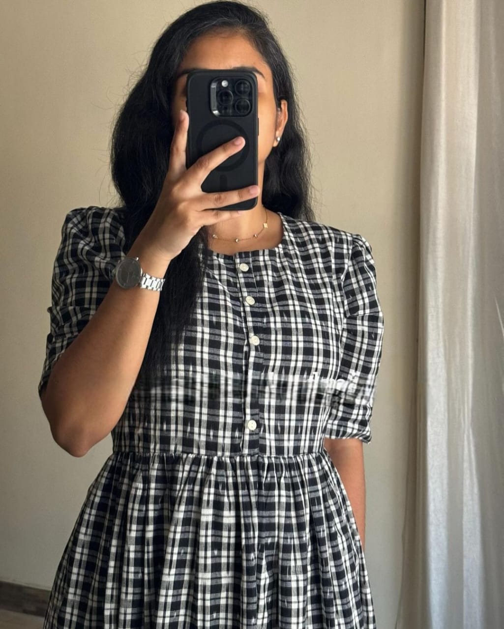 Women White Cotton Checks Middi Gown
