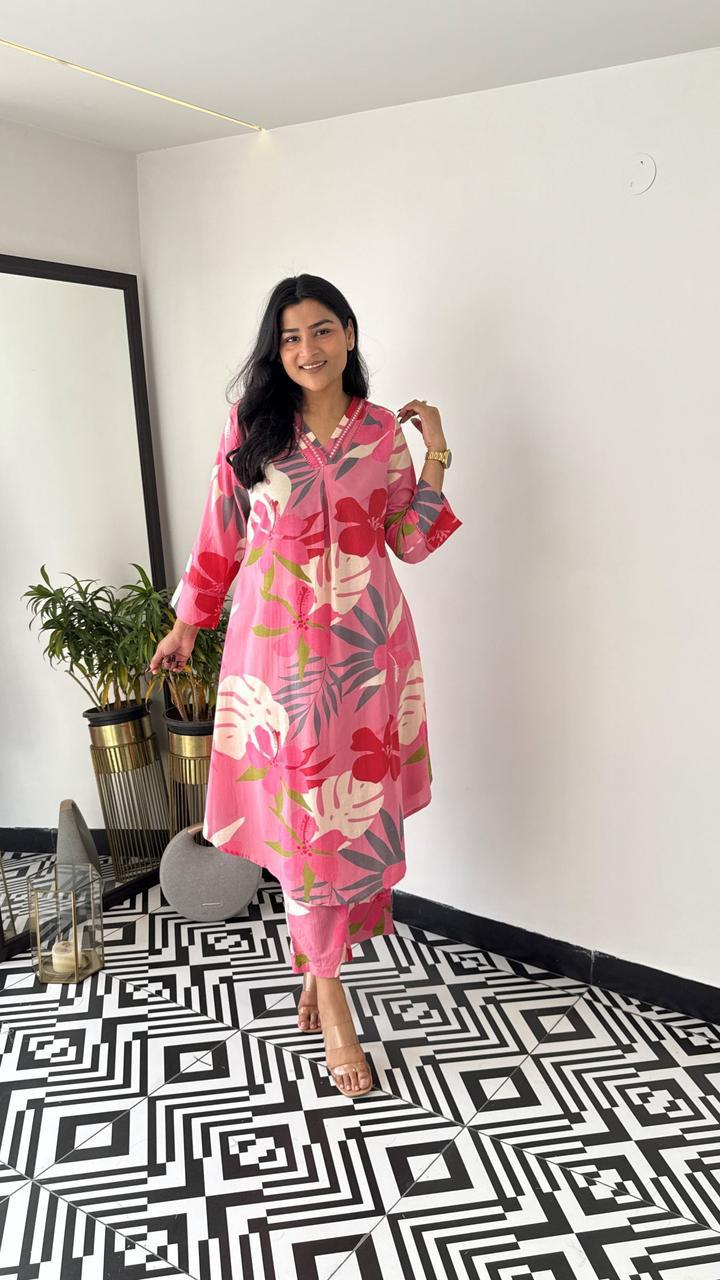 Trending Pink Multicolor Cotton Kurta Pant set