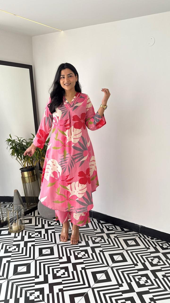 Trending Pink Multicolor Cotton Kurta Pant set