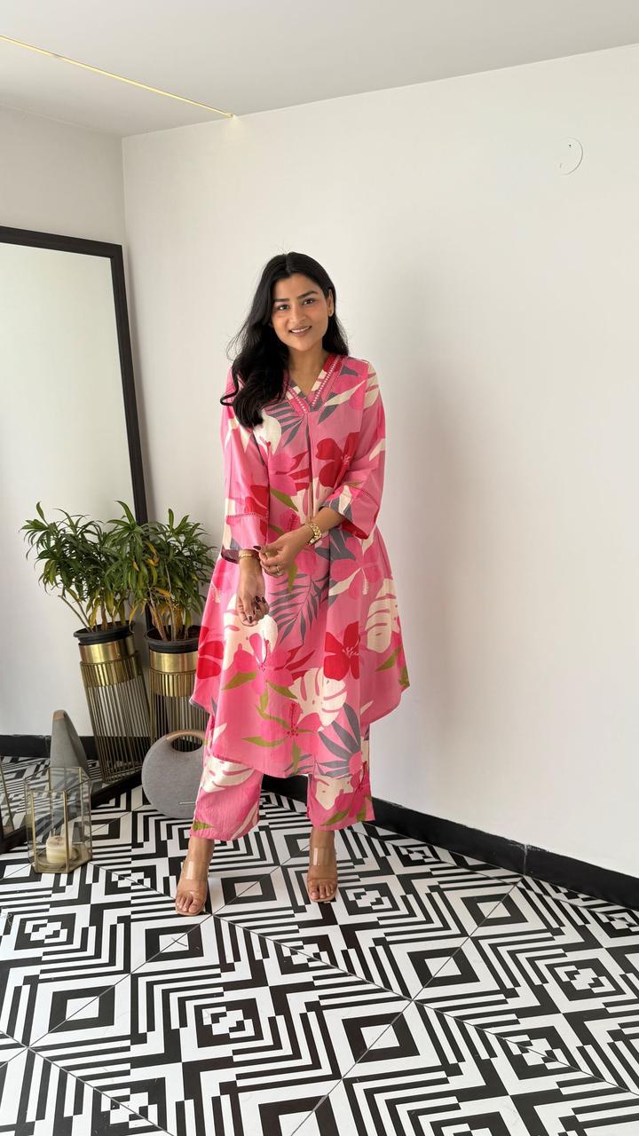 Trending Pink Multicolor Cotton Kurta Pant set