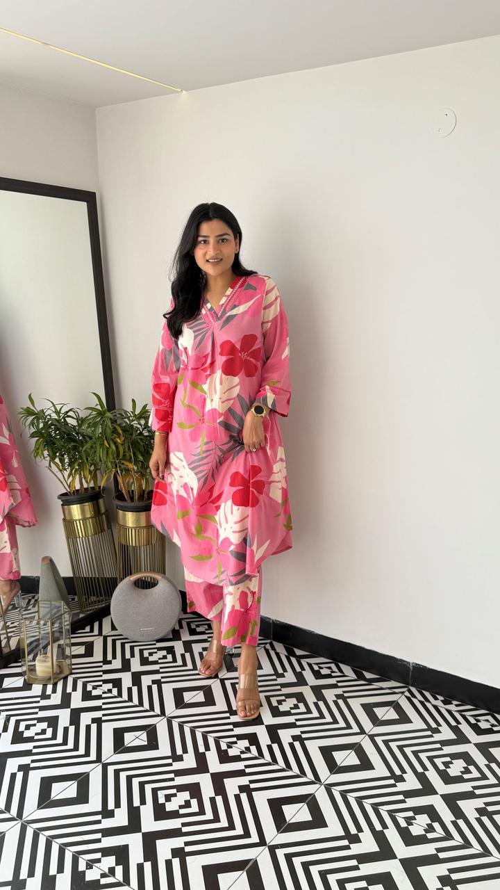 Trending Pink Multicolor Cotton Kurta Pant set