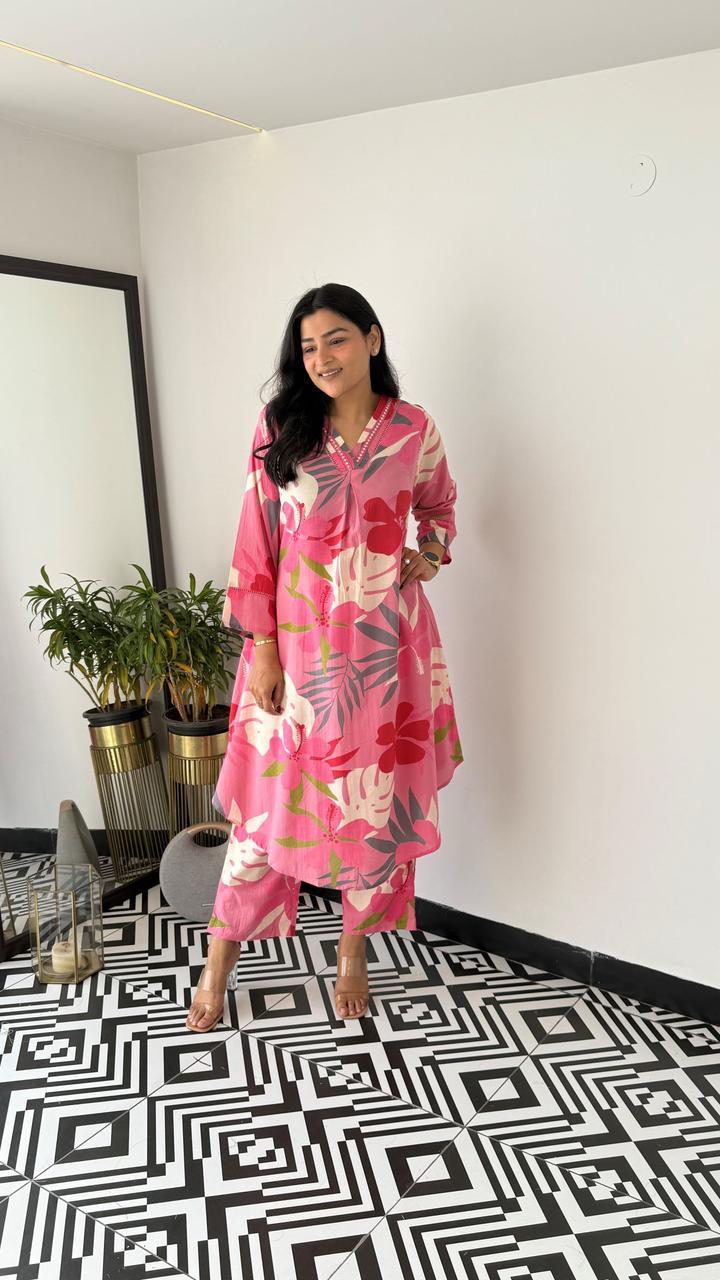 Trending Pink Multicolor Cotton Kurta Pant set