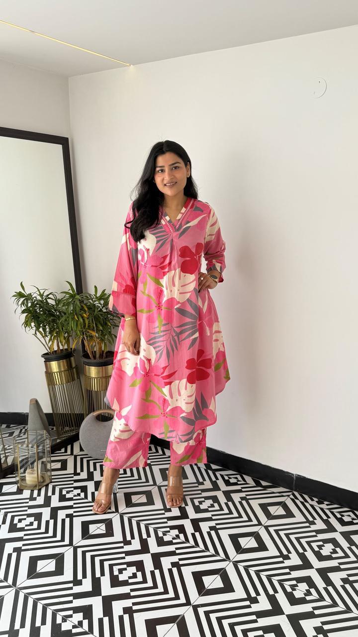 Trending Pink Multicolor Cotton Kurta Pant set