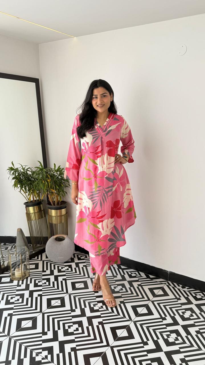 Trending Pink Multicolor Cotton Kurta Pant set