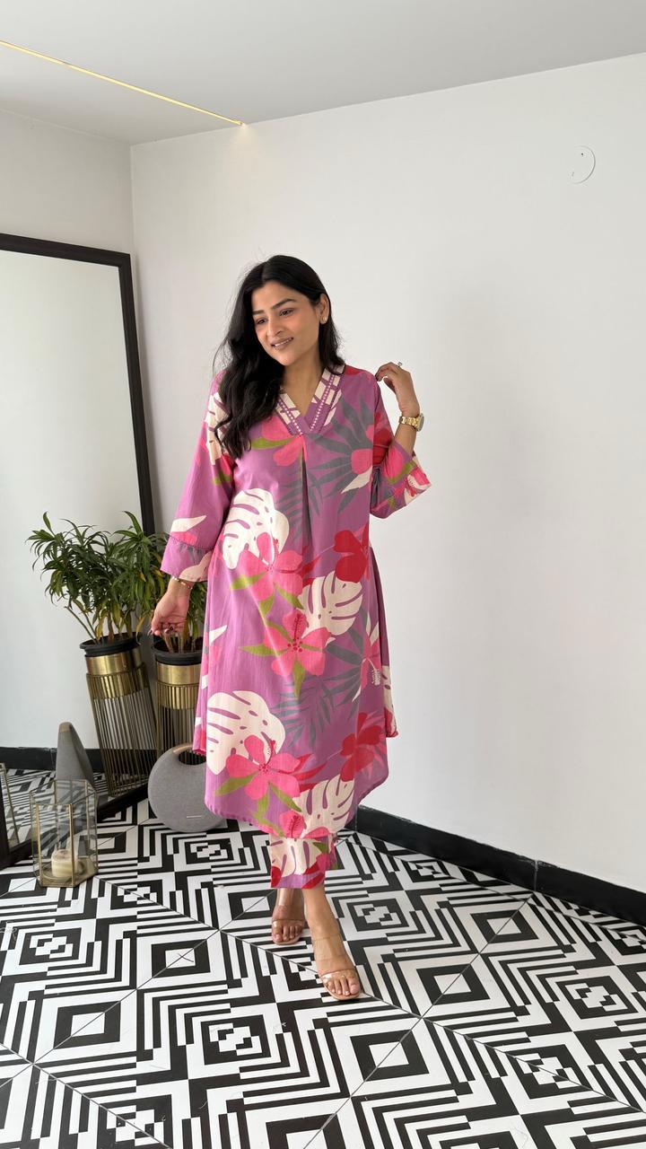 Trending Grey Pink Flower Cotton Kurta Pant set