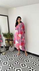 Trending Grey Pink Flower Cotton Kurta Pant set
