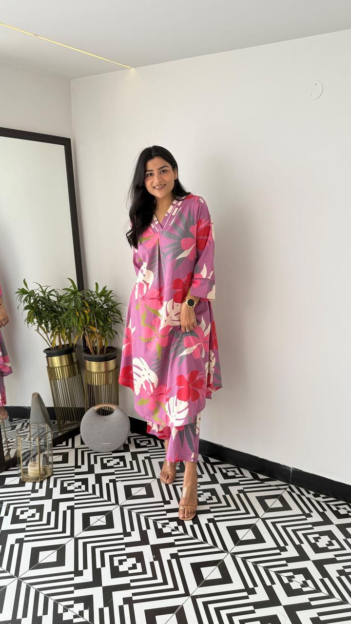 Trending Grey Pink Flower Cotton Kurta Pant set