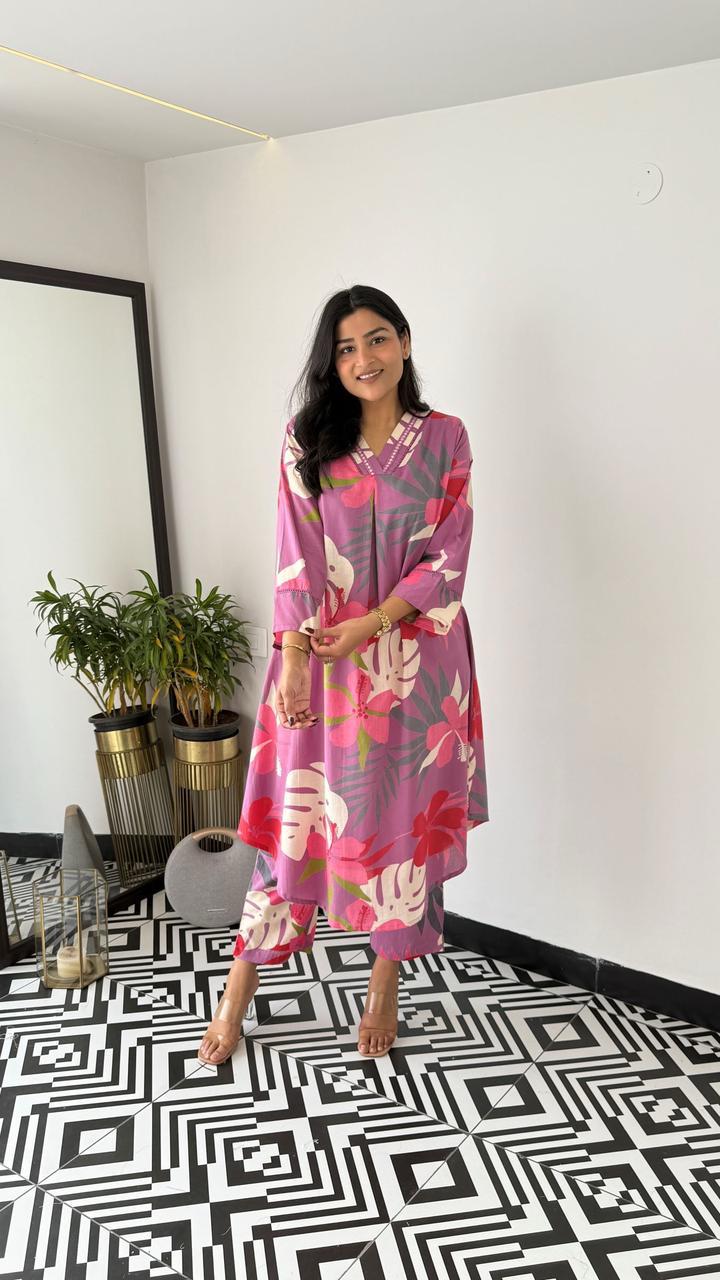 Trending Grey Pink Flower Cotton Kurta Pant set